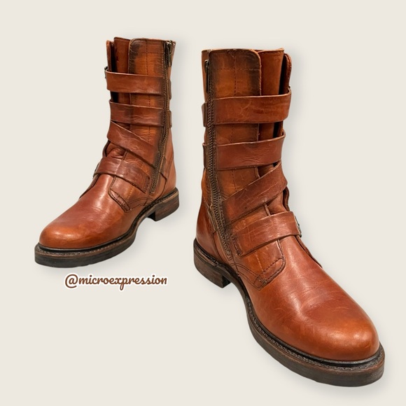 $389 Veronica Tanker Cognac Brown Real Leather Strappy Belted Moto Combat Boots - Picture 5 of 14